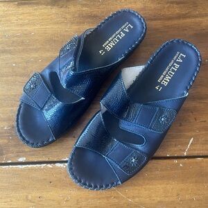 La Plume Jessica Leather Blue Sandal Slide Size 41 Made Italy Comfort Wedge Nwob